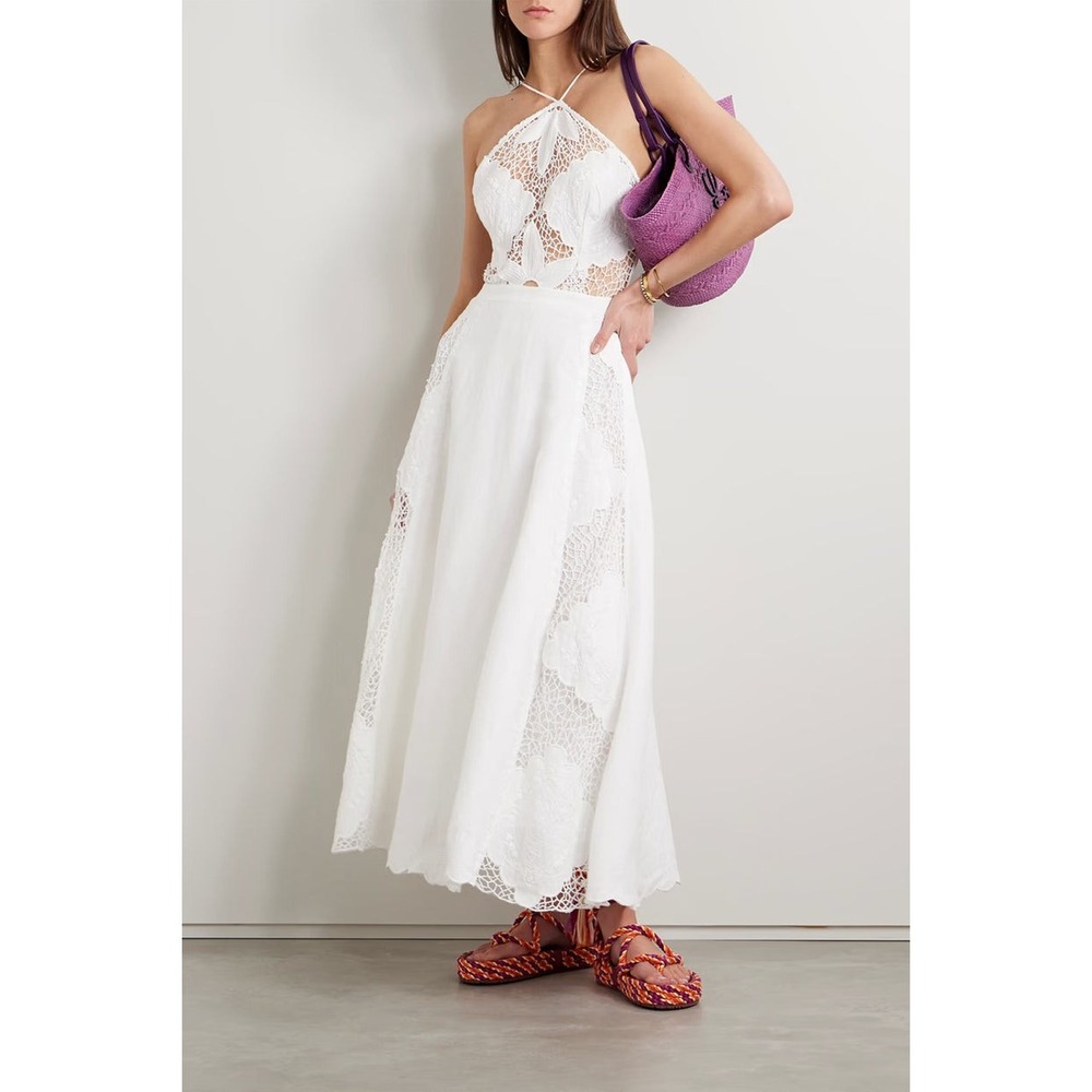 Farm Rio Dress Size L Embroidered Crochet Trimmed Linen Floral Lace Halter Maxi